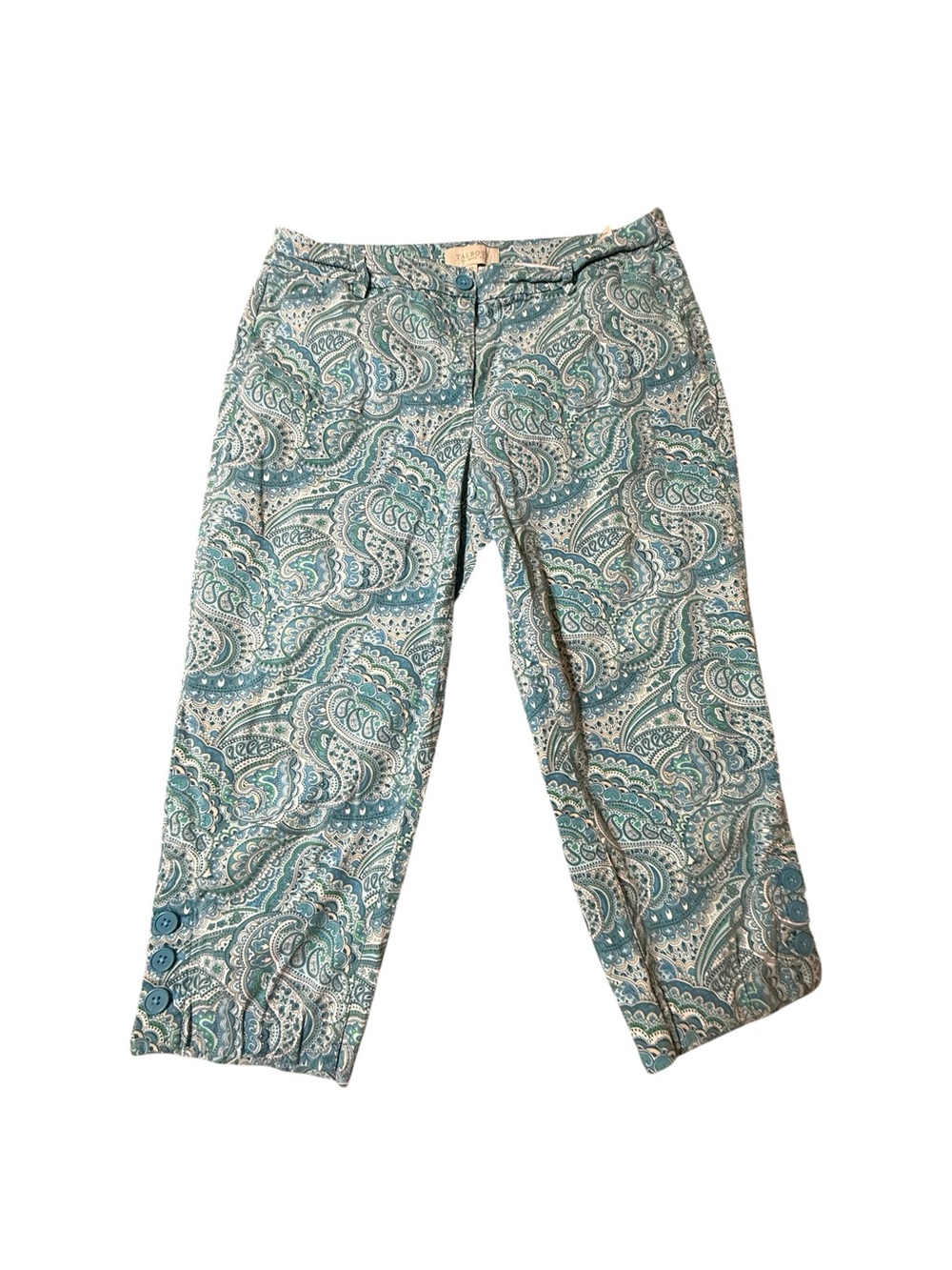Talbots Paisley Crop Pants 10P Button Cuff Blue Green Teal Coastal Grandma